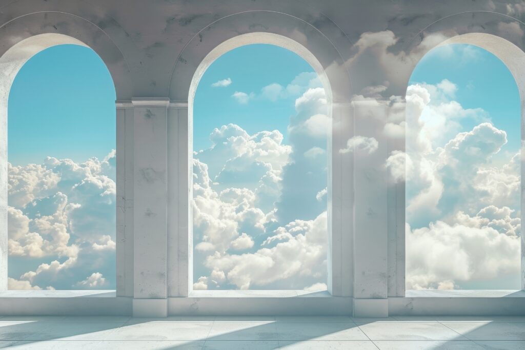 Three arched windows made of stone with blue sky visible in background, representing courts of Heaven.