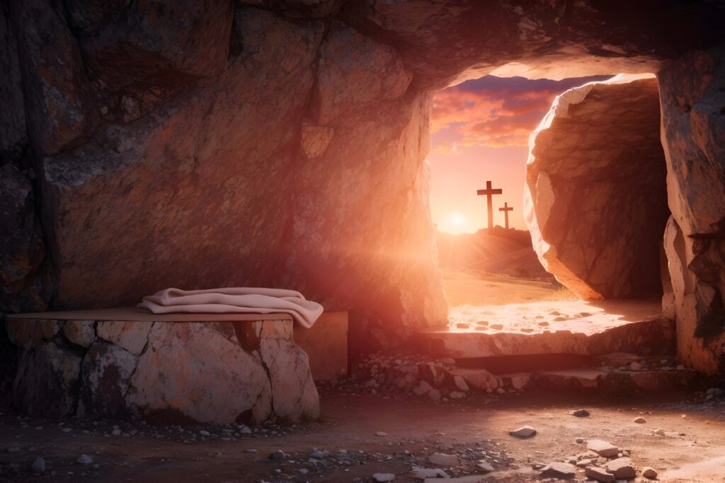 Stone rolled away to reveal empty tomb, light shining in from the door with two crosses in the distance.