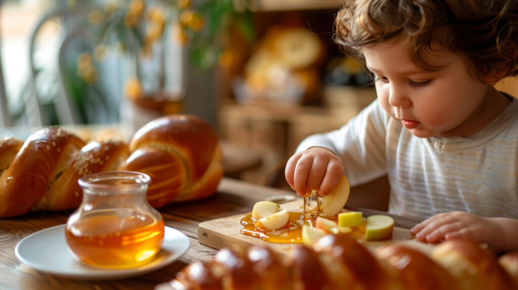 Child sitting at a table with traditional Rosh Hashanah foods including challah bread, apples, and honey.