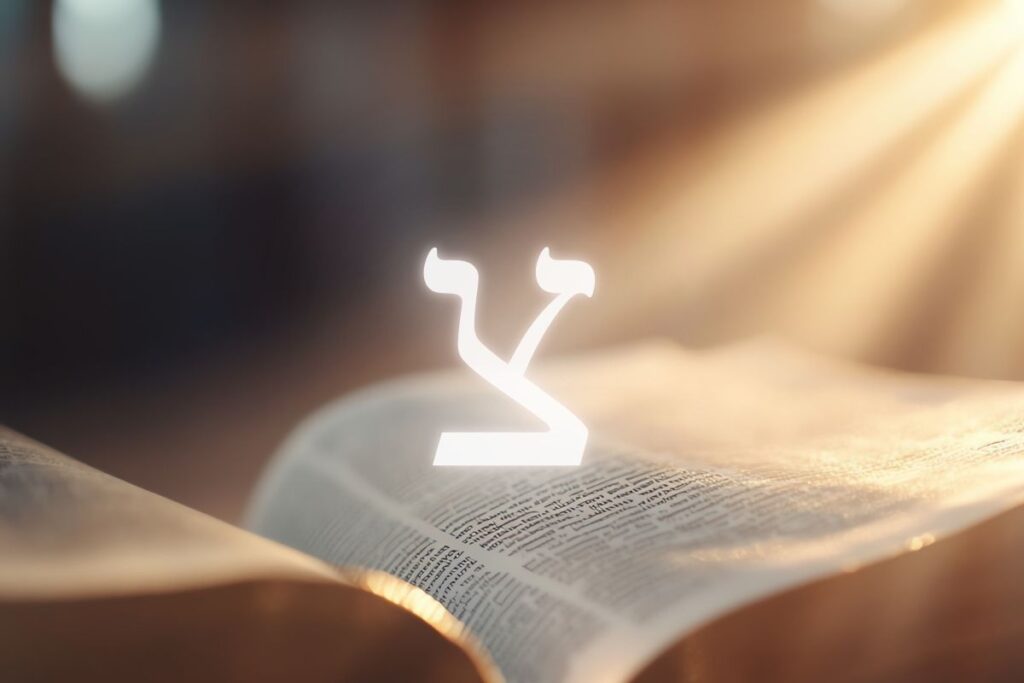 Hebrew letter tzaddik overlaid on image of open bible. Golden light pouring in from right side of image.