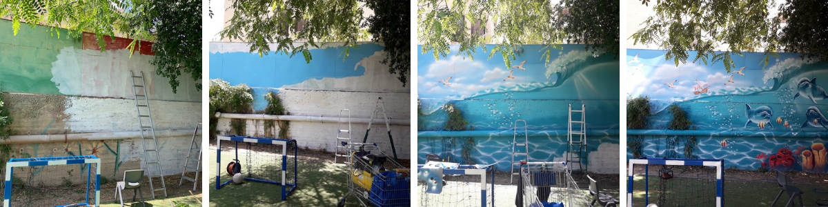 The process of the ocean mural being painted on the wall for children in the west bank.