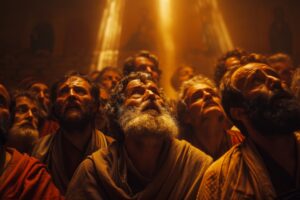 The disciples in the Upper Room looking up in wonder at a bright light, representing the coming of the Holy Spirit at Shavuot and Pentecost.