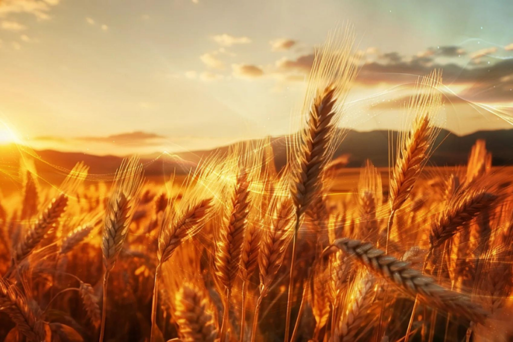Field of wheat with shimmering fiery wind passing through the ripe harvest.