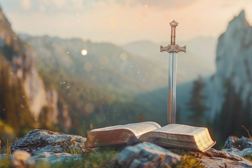 Open Bible and sword on a rock with blurred mountains in the background.