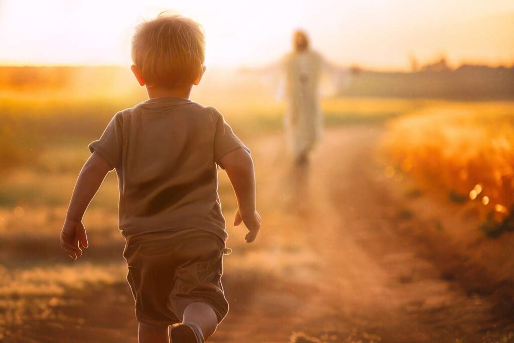 Little boy runs to Jesus, his Heavenly Father.