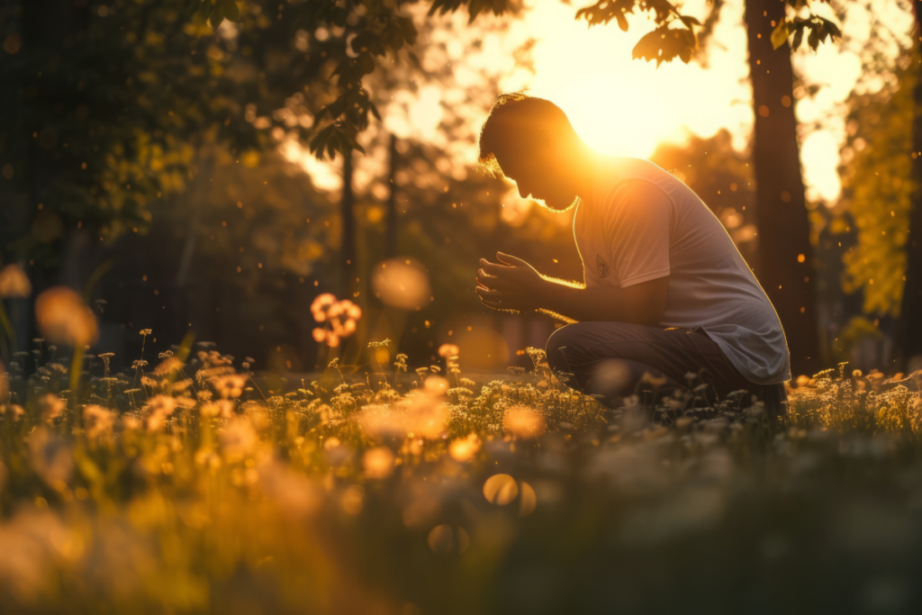 Man outside in the woods, kneeling down in prayer at sunset