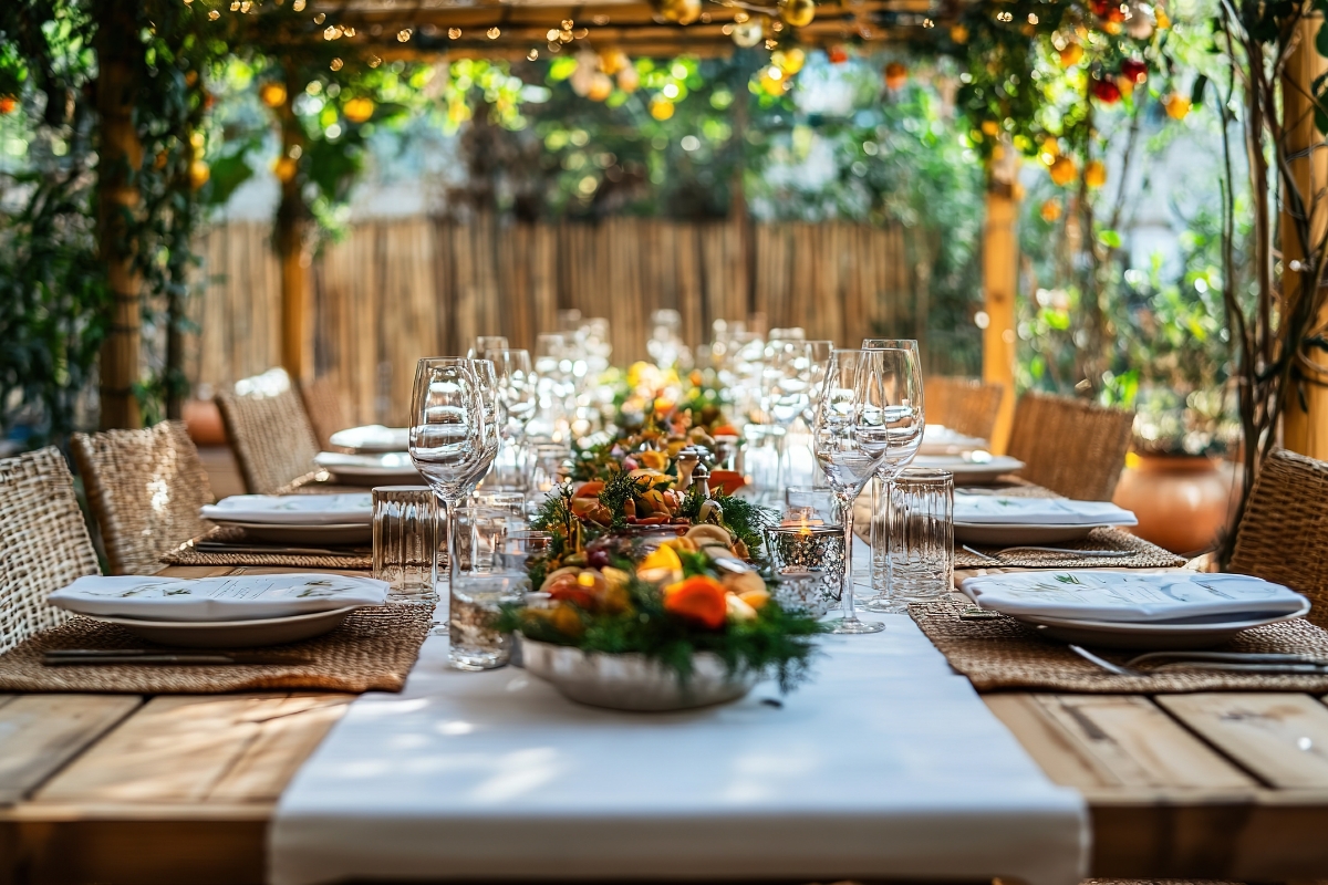 Table set and prepared inside sukkah for the feast of sukkot.