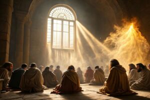 Disciples in the upper room, light shining in from large window, and fire streaming down, showing the Holy Spirit outpouring.